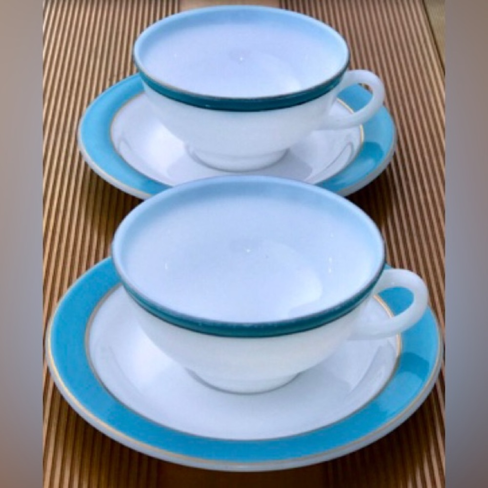 Set of 2 Vintage Gold Trim Turquoise Band PYREX MILK GLASS Teacups & Saucers